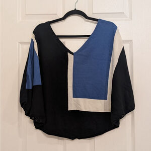 Women's Alice + Olivia V-Neck Poncho Sweater S Black Blue Colorblock